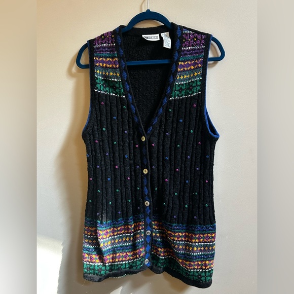 Russ Sweaters - Vintage Russ Black Knit Multicolor Button Up V-Neck Sweater Vest, Cottagecore